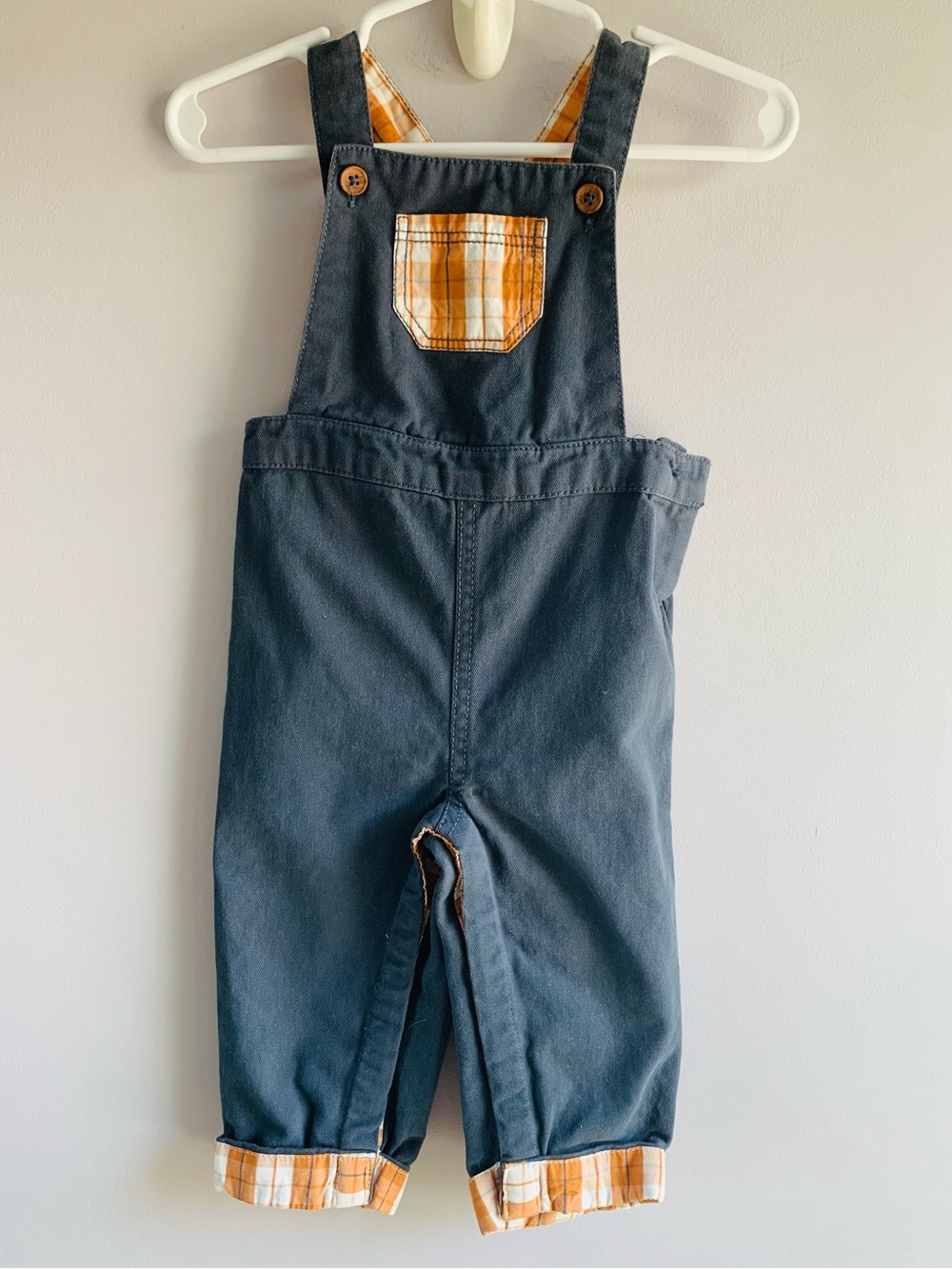 Tommy Bahama Overalls Grey Orange Plaid Adjustable Cotton Baby EUC 6mth - 9mth